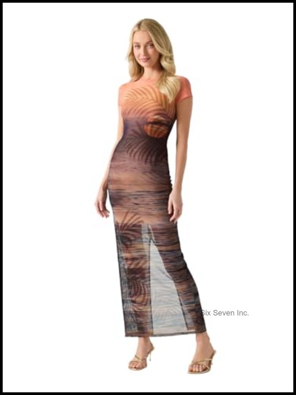 Sheer Mesh Maxi Bodycon Dress with Sunset Print and Zip Back
